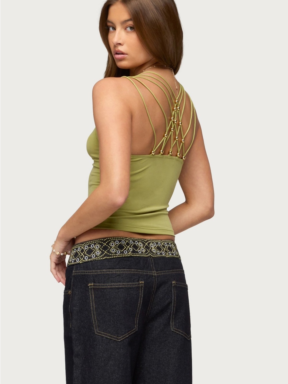 Edikted Olive Green Strappy V-Neck Camisole with Gold Bead Accents